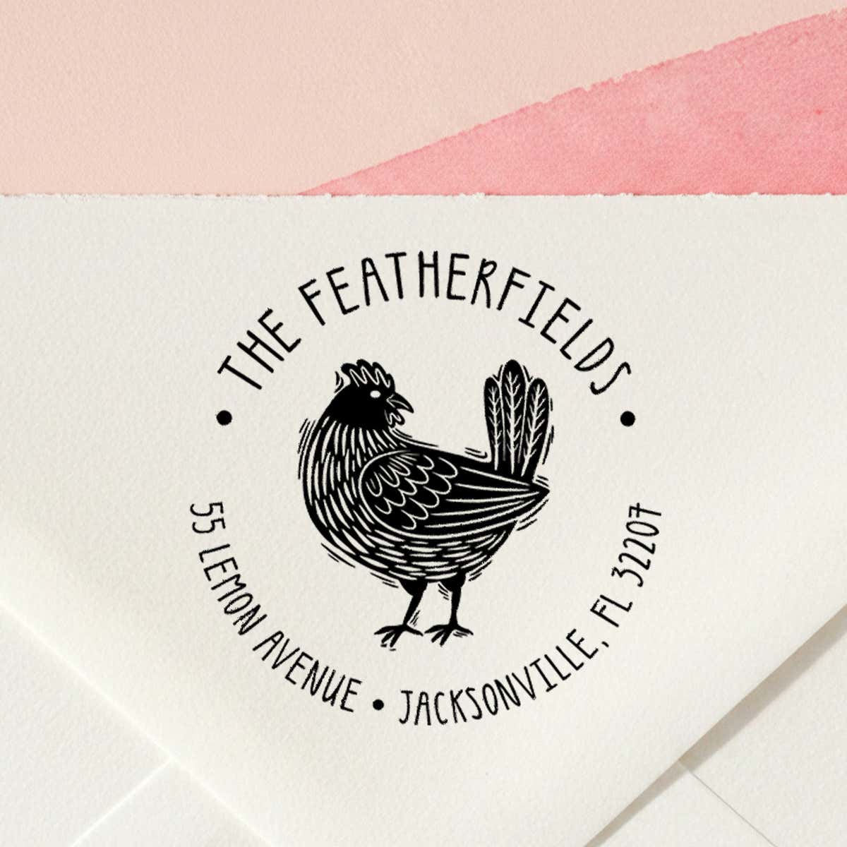 Farmhouse Rooster Return Address Stamp – personalized rooster design hand drawn by Salt & Paper