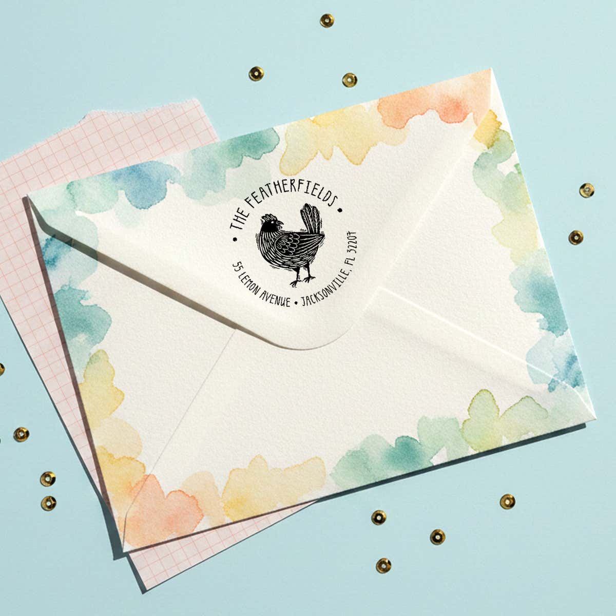 Farmhouse Rooster Return Address Stamp – stamped impression lifestyle photo