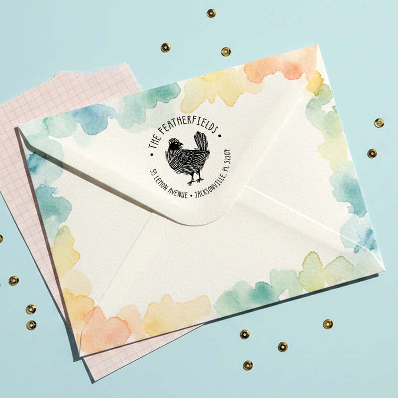 Farmhouse Rooster Return Address Stamp – stamped impression lifestyle photo
