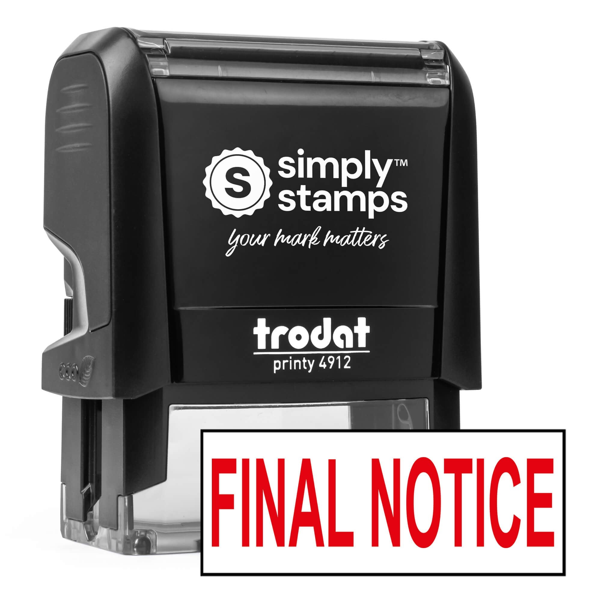 Final Notice self-inking stamp (Trodat Printy 4912) angled product view with red sample imprint