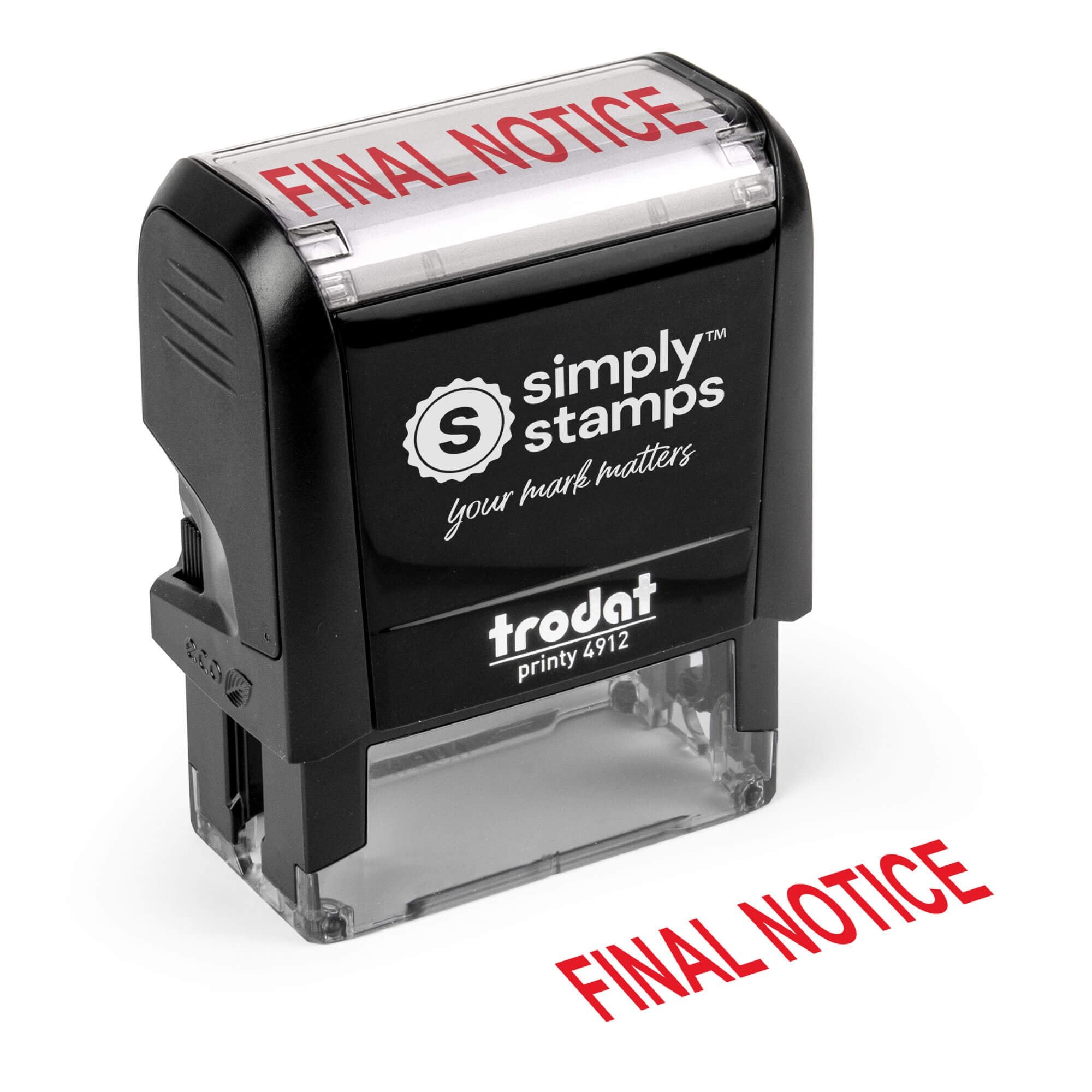 FINAL NOTICE” on a padded mailer with shipping label; self-inking stamp beside it