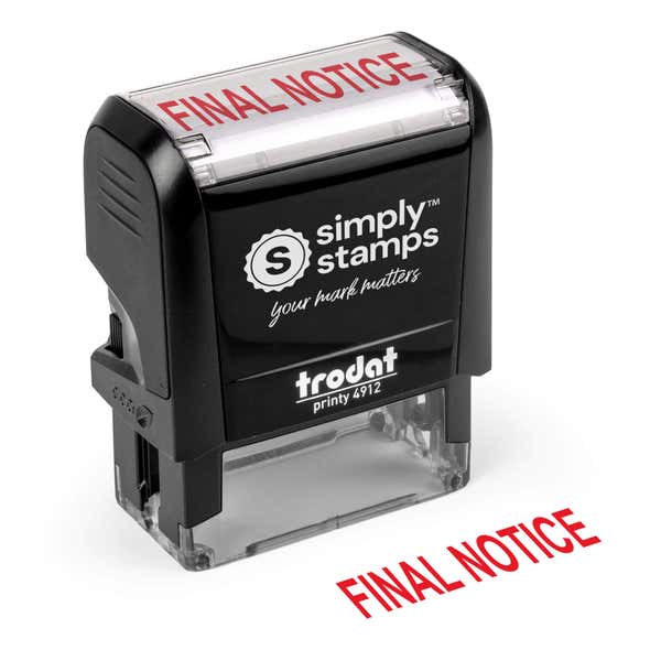 FINAL NOTICE” on a padded mailer with shipping label; self-inking stamp beside it