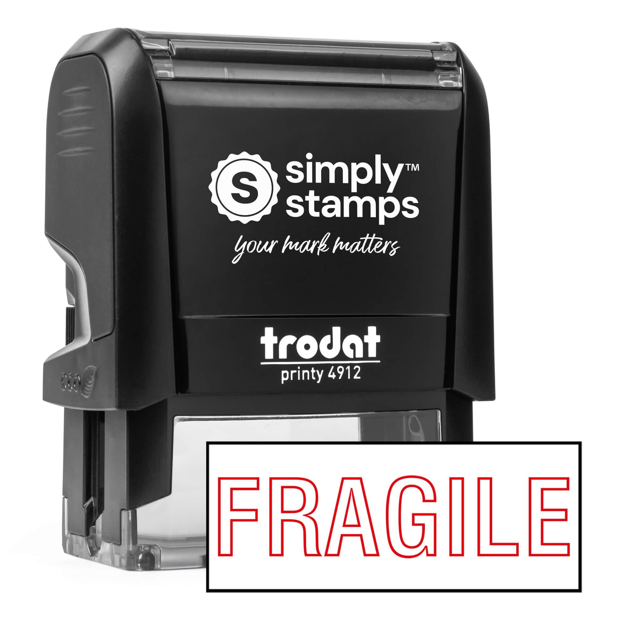 Self inking Fragile stamp angled product view with clean red outline imprint