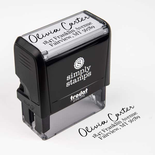 Relaxed Script Custom Address Stamp body with ink impression example