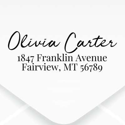 Relaxed Script Custom Address Stamp design, close up on an envelope