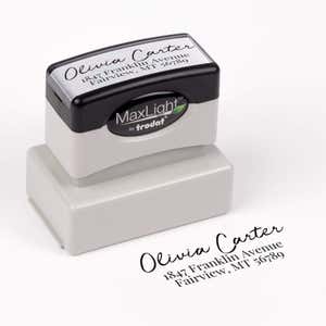 Relaxed Script Custom Address Stamp impression next to pre inked stamp body