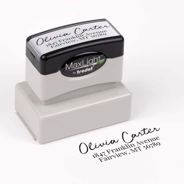 Relaxed Script Custom Address Stamp impression next to pre inked stamp body