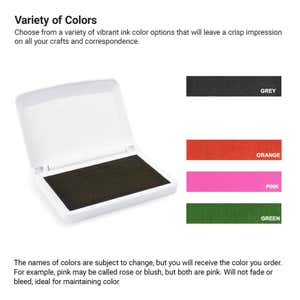 Craft Ink Pad infographic that shows color options: Grey, Orange, Pink, Green 