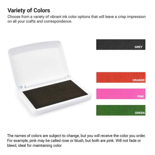 Craft Ink Pad infographic that shows color options: Grey, Orange, Pink, Green 