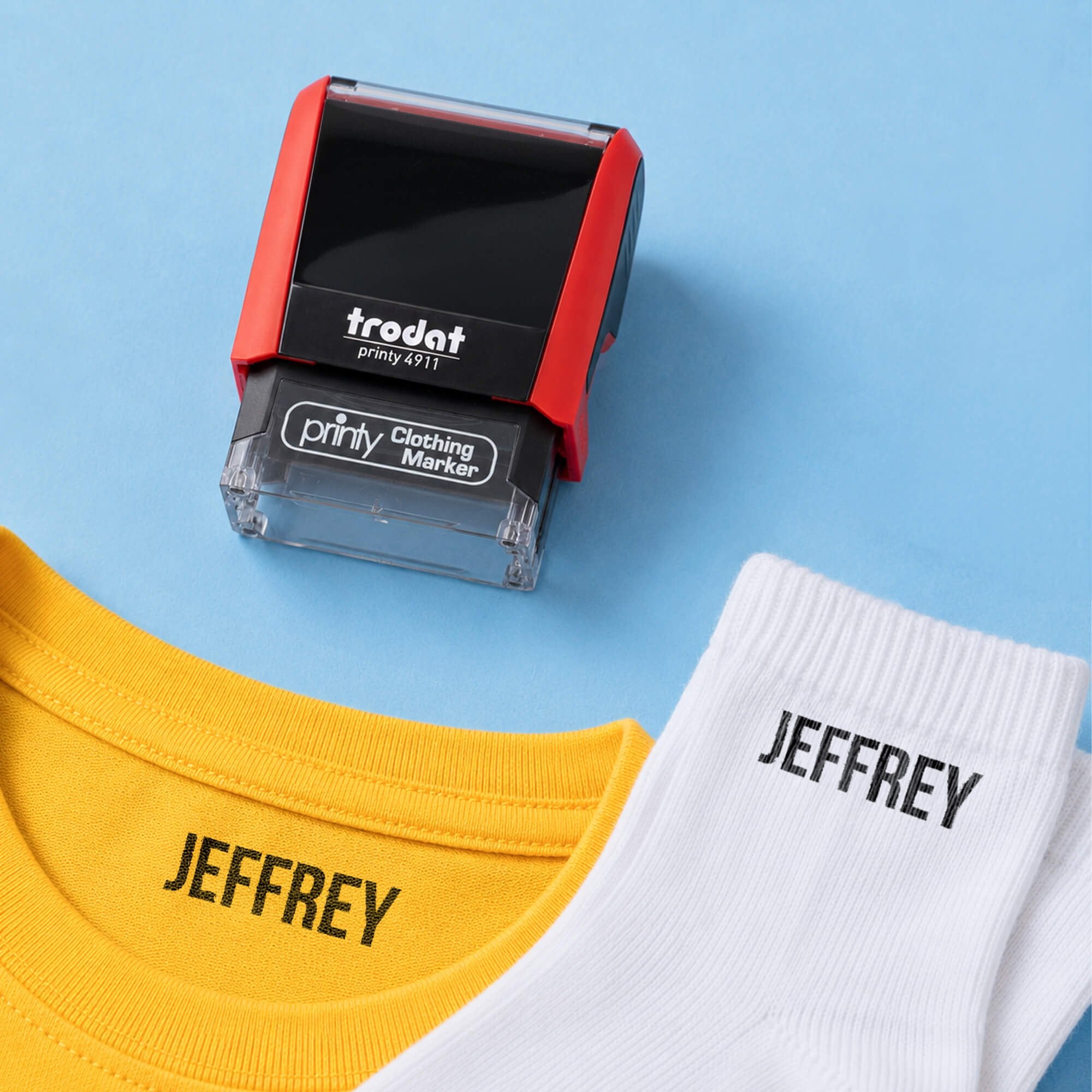 stamp impression shown on a shirt and a sock