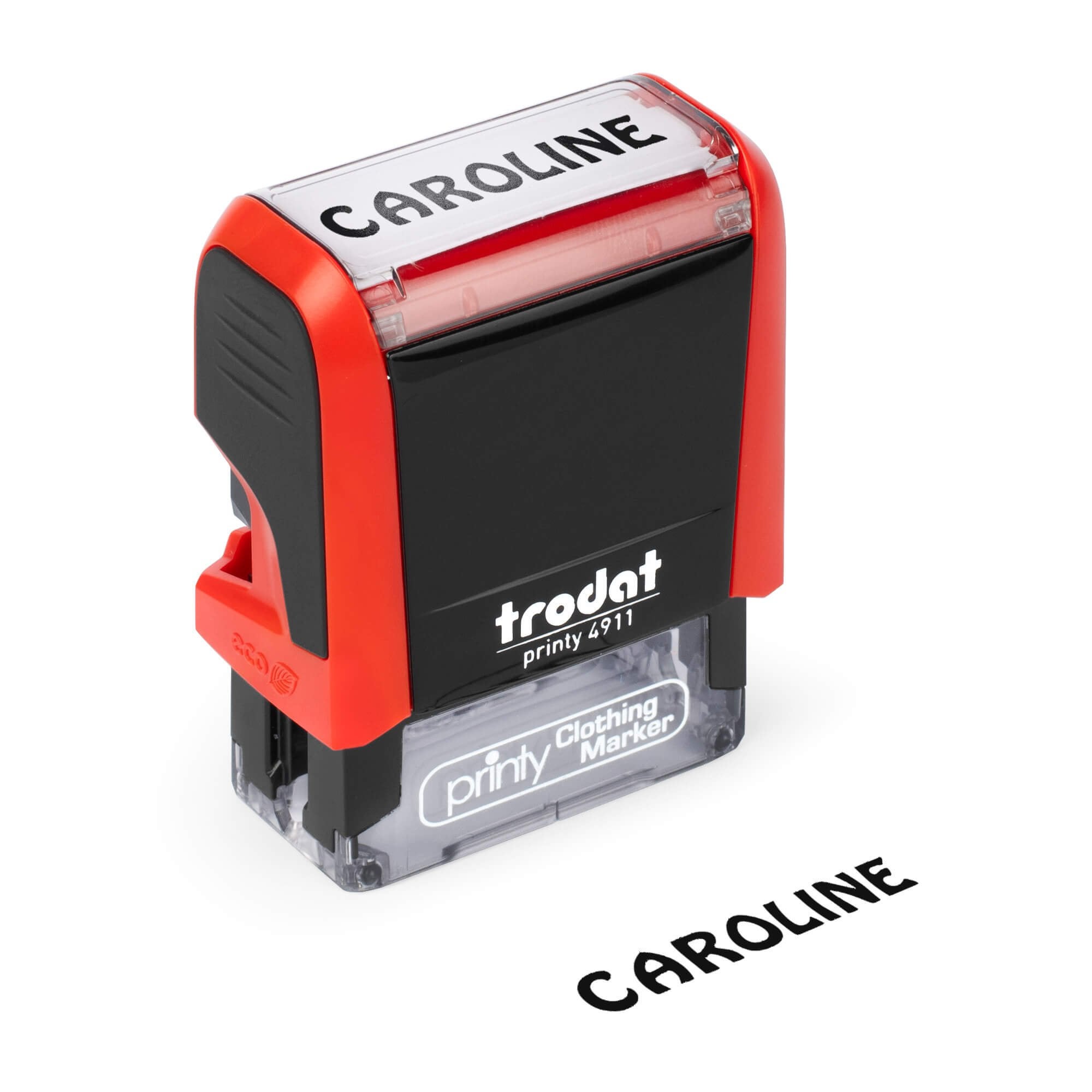 Angled View of Cute Name Stamp Impression on White Background with 4911 Stamp Body