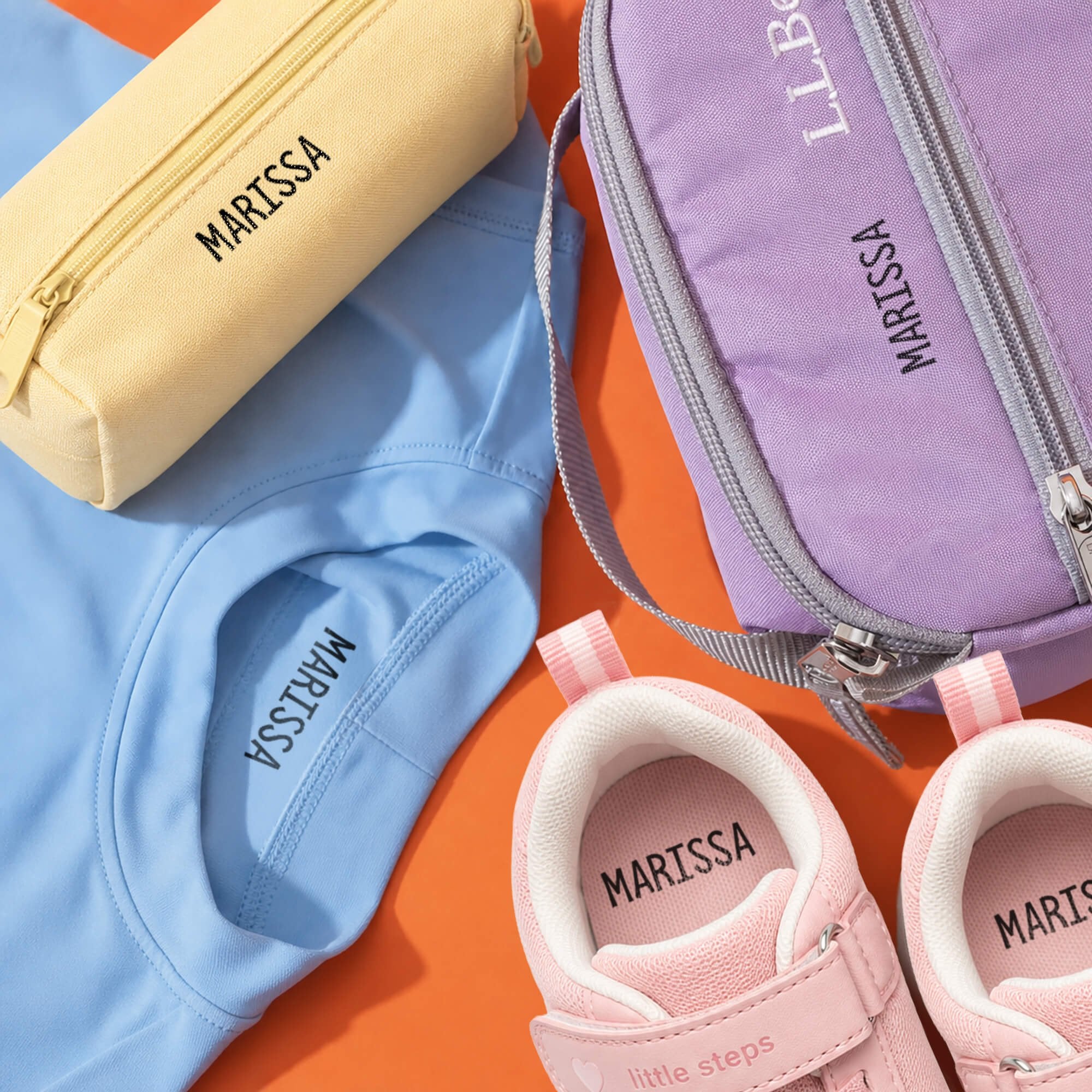 Example of the Trodat 4911 Clothing Name Stamp on Various Surfaces and products for school