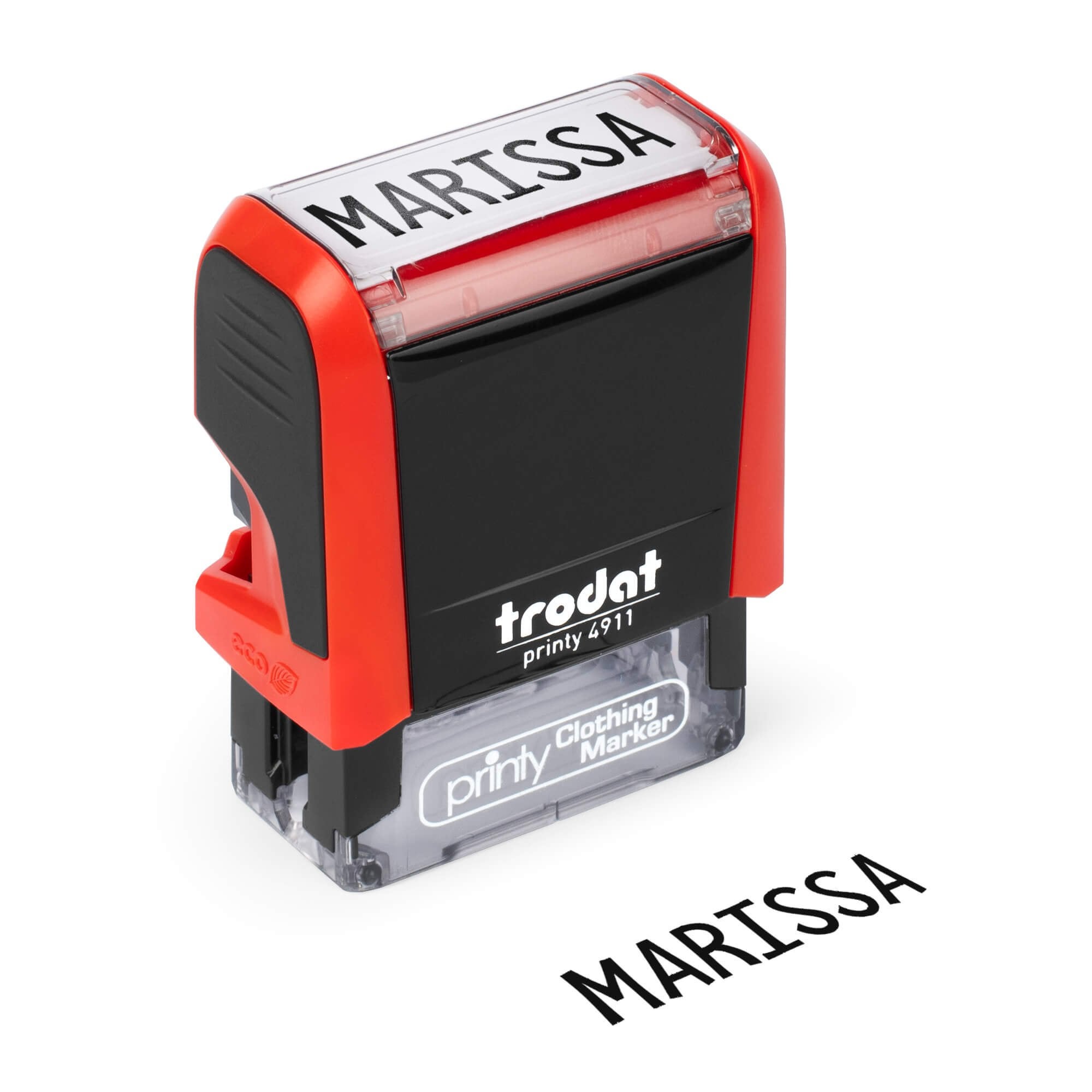 Angled View of Fun Name Stamp Impression on White Background with 4911 Stamp Body