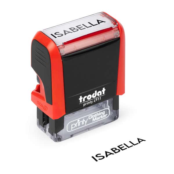 Angled View of Modern Name Stamp Impression on White Background with 4911 Stamp Body