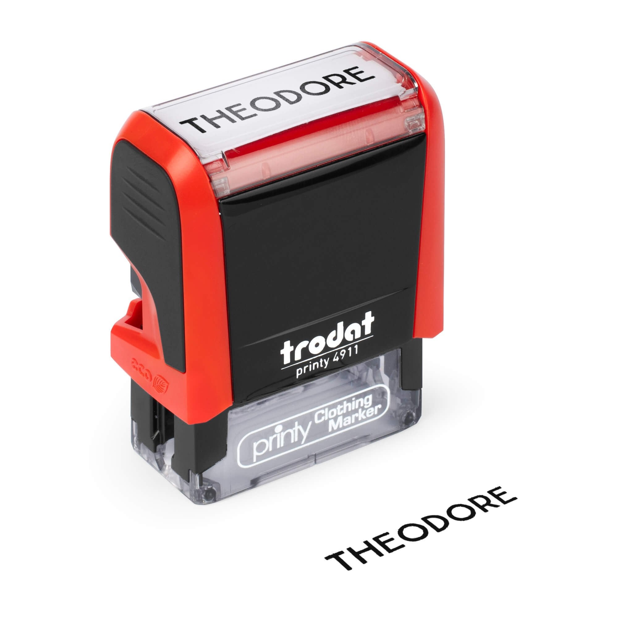 Angled View of Rustic Name Stamp Impression on White Background with 4911 Stamp Body