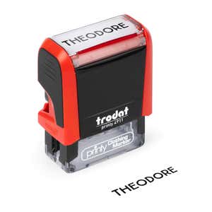 Angled View of Rustic Name Stamp Impression on White Background with 4911 Stamp Body