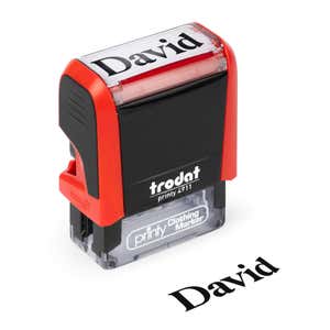 Angled View of Serif Name Stamp Impression on White Background with 4911 Stamp Body