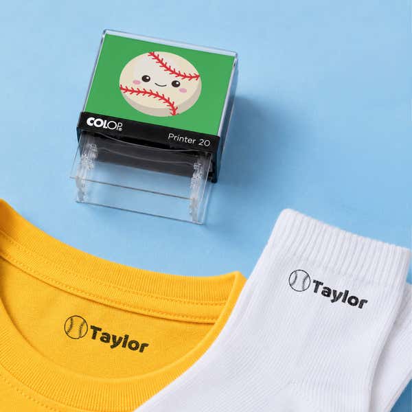 Baseball clothing name stamp with a yellow shirt and white socks labeled Taylor