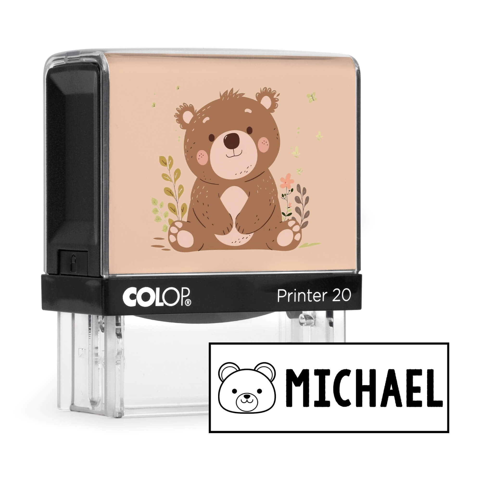 Bear clothing name stamp with an illustrated bear body and sample Michael impression