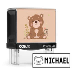 Bear clothing name stamp with an illustrated bear body and sample Michael impression
