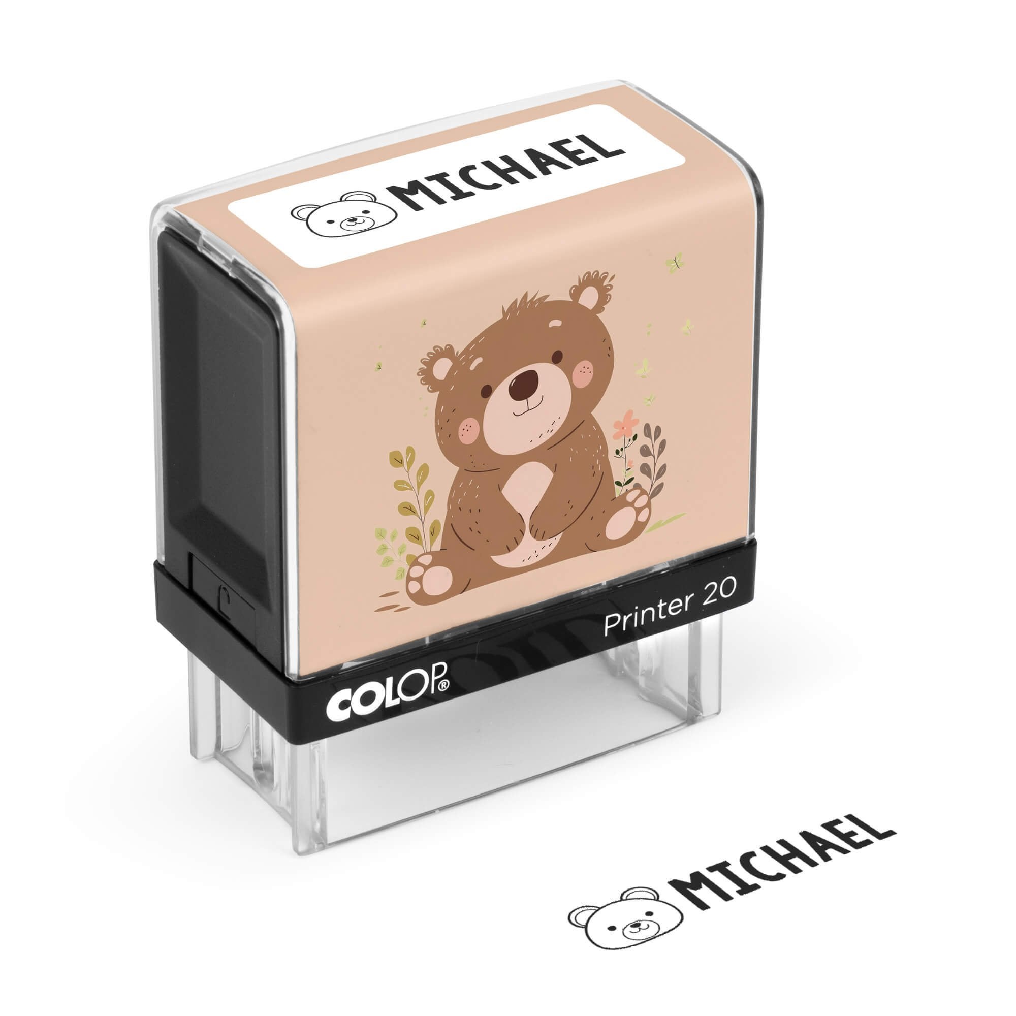Bear clothing name stamp with a Michael impression on a white background