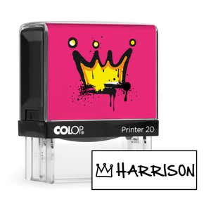 Pink crown clothing name stamp with a sample Harrison impression