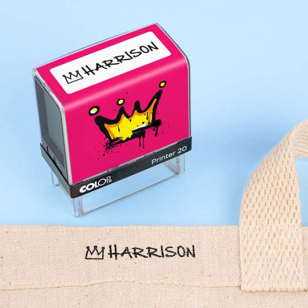 Crown clothing name stamp beside a canvas tote bag labeled Harrison