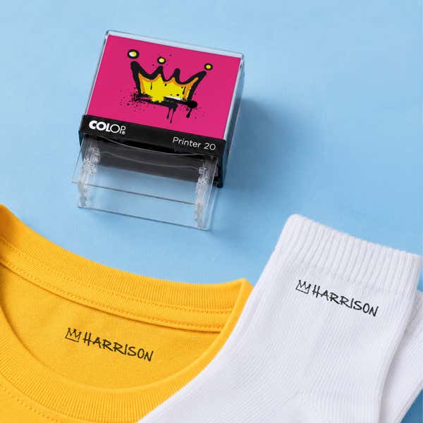 Crown clothing name stamp with a yellow shirt and white socks labeled Harrison