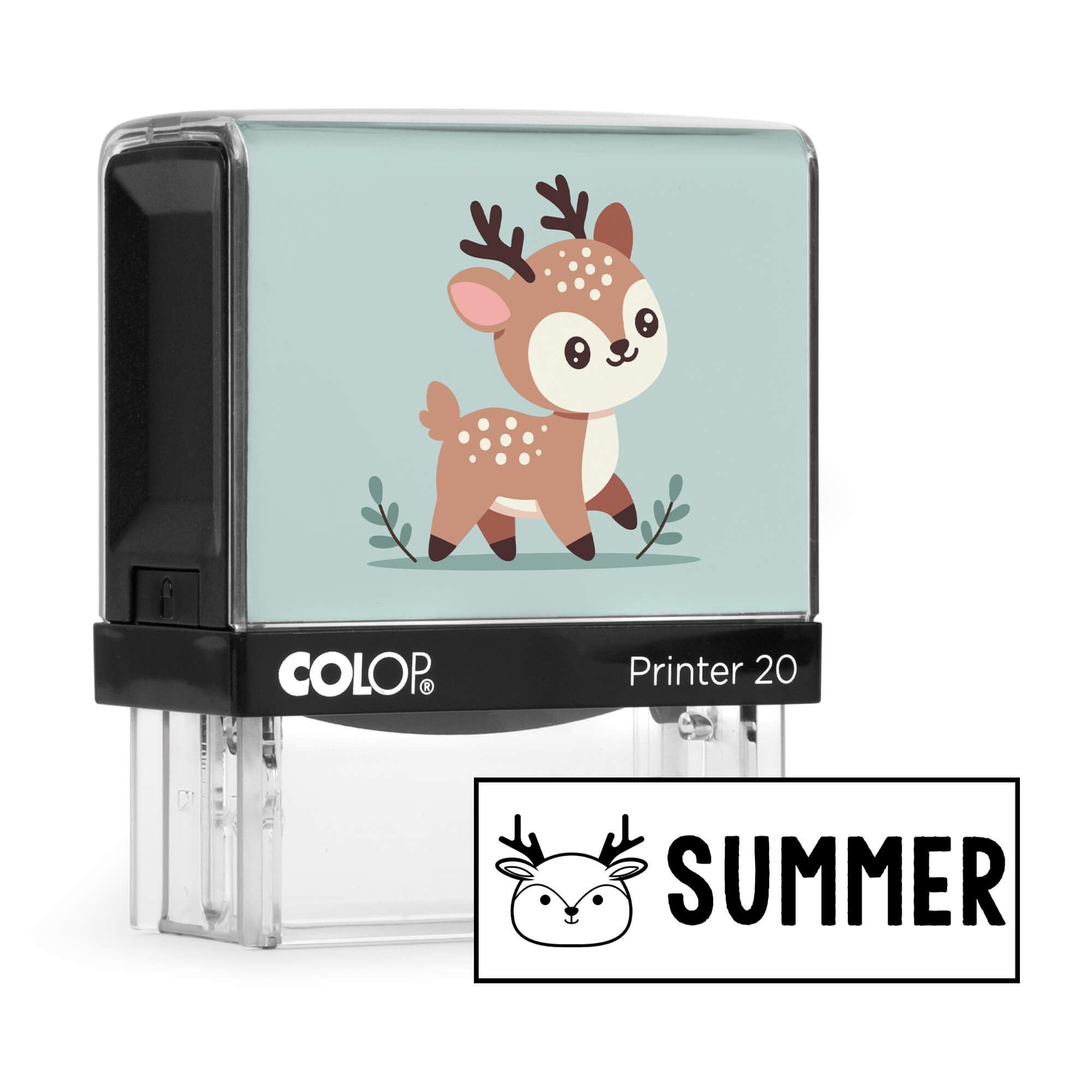 Light blue deer clothing name stamp with a sample Summer impression