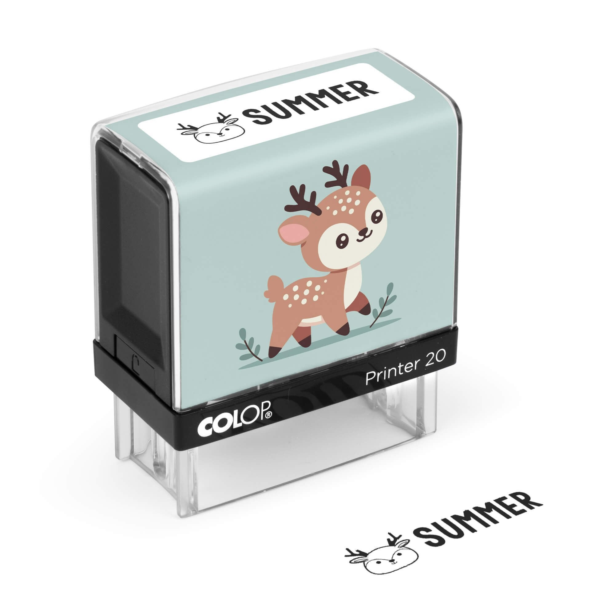 Light blue deer clothing name stamp with a Summer impression on a white background