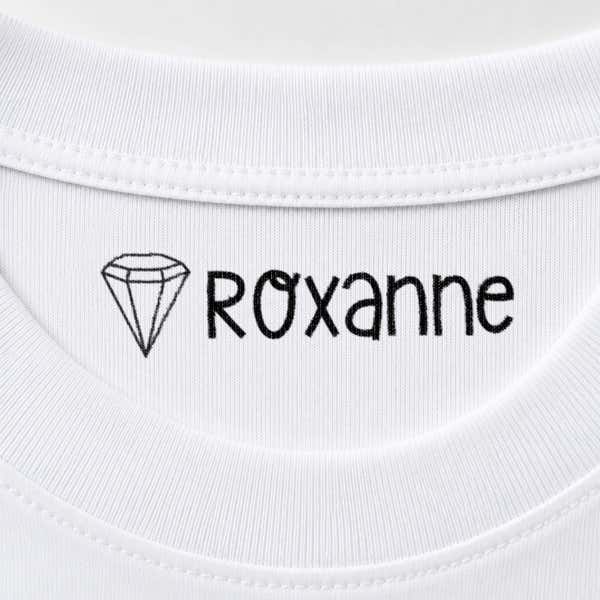 Diamond name stamp reading Roxanne inside the collar of a white shirt