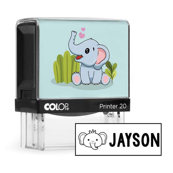 Light blue elephant clothing name stamp with a sample Jayson impression