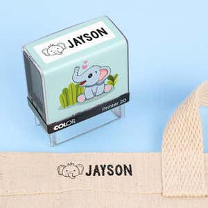 Elephant clothing name stamp beside a canvas tote bag labeled Jayson