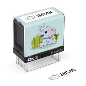 Light blue elephant clothing name stamp with a sample Jayson impression on a white background