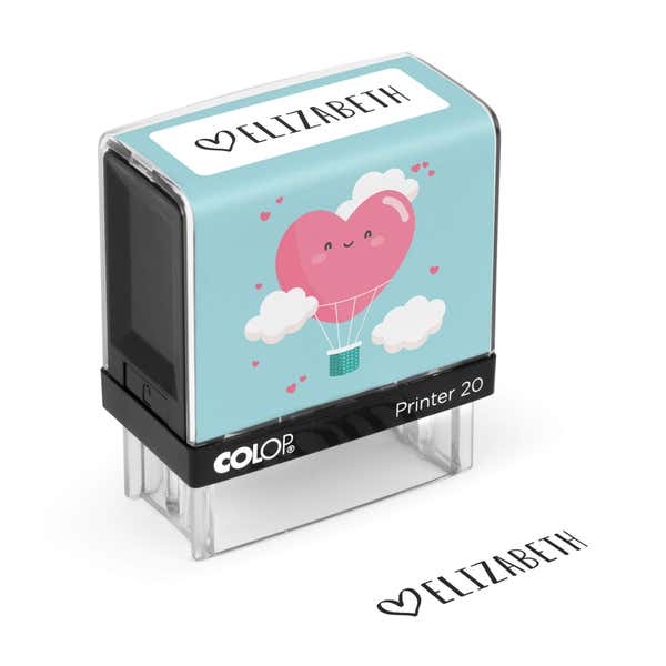 Turquoise heart clothing name stamp with an Elizabeth impression on a white background