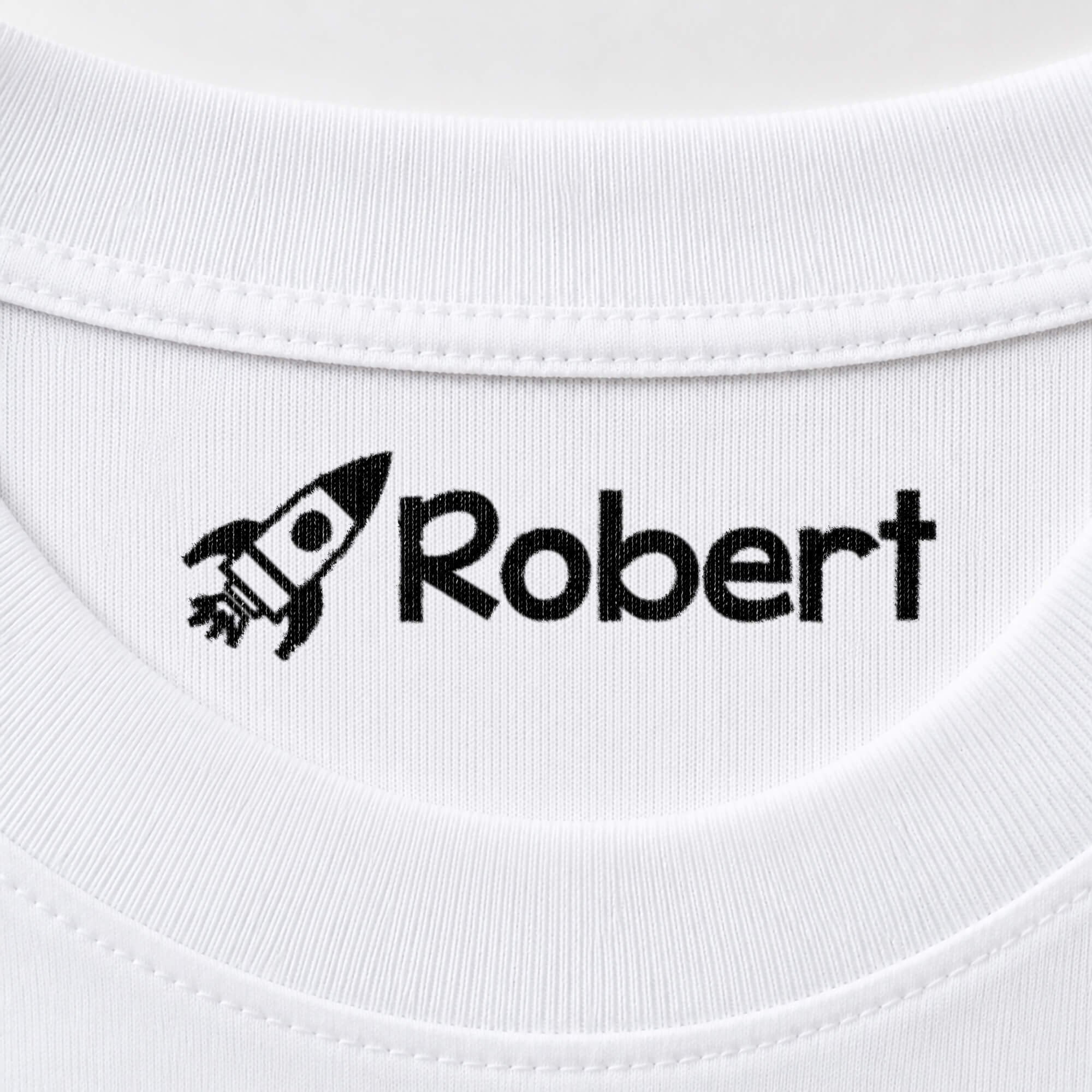 Rocket name stamp reading Robert inside the collar of a white shirt