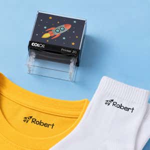 Rocket clothing name stamp with a yellow shirt and white socks labeled Robert
