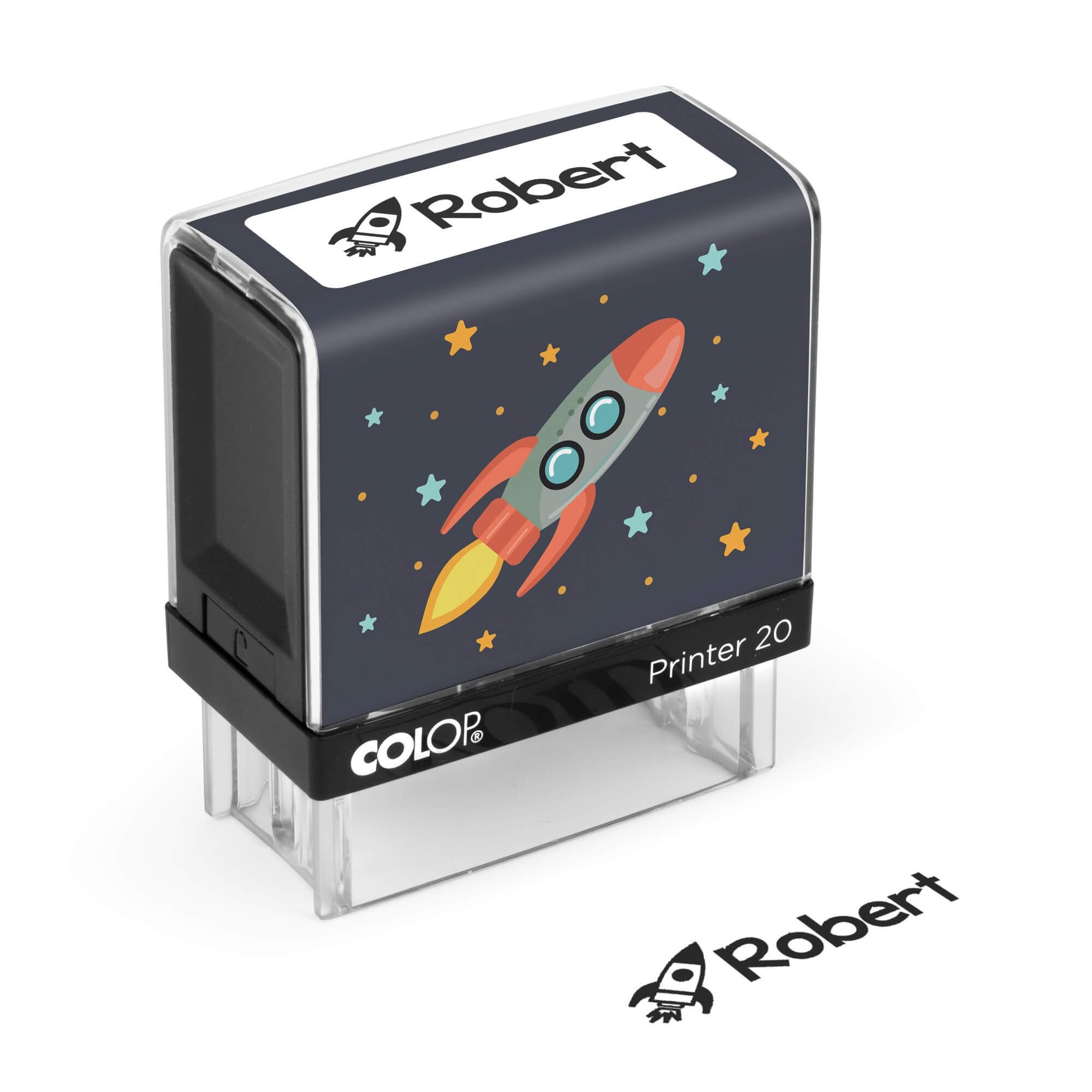 Rocket-themed clothing name stamp with a sample Robert impression on a white background