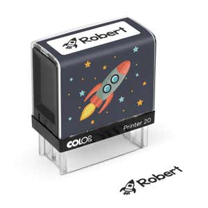 Rocket-themed clothing name stamp with a sample Robert impression on a white background