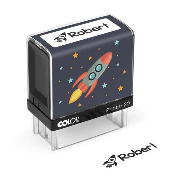 Rocket-themed clothing name stamp with a sample Robert impression on a white background