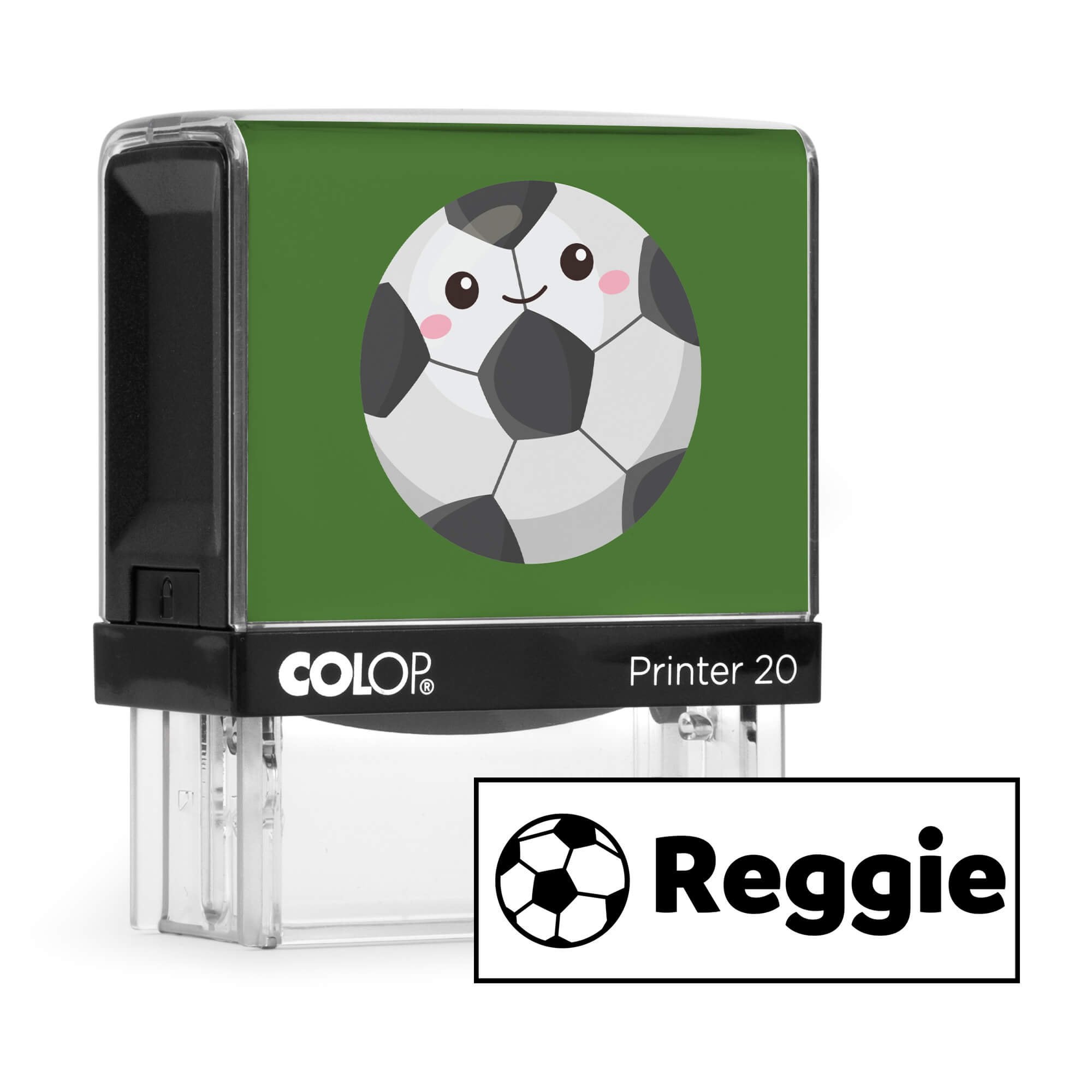 Green soccer clothing name stamp with a sample Reggie impression