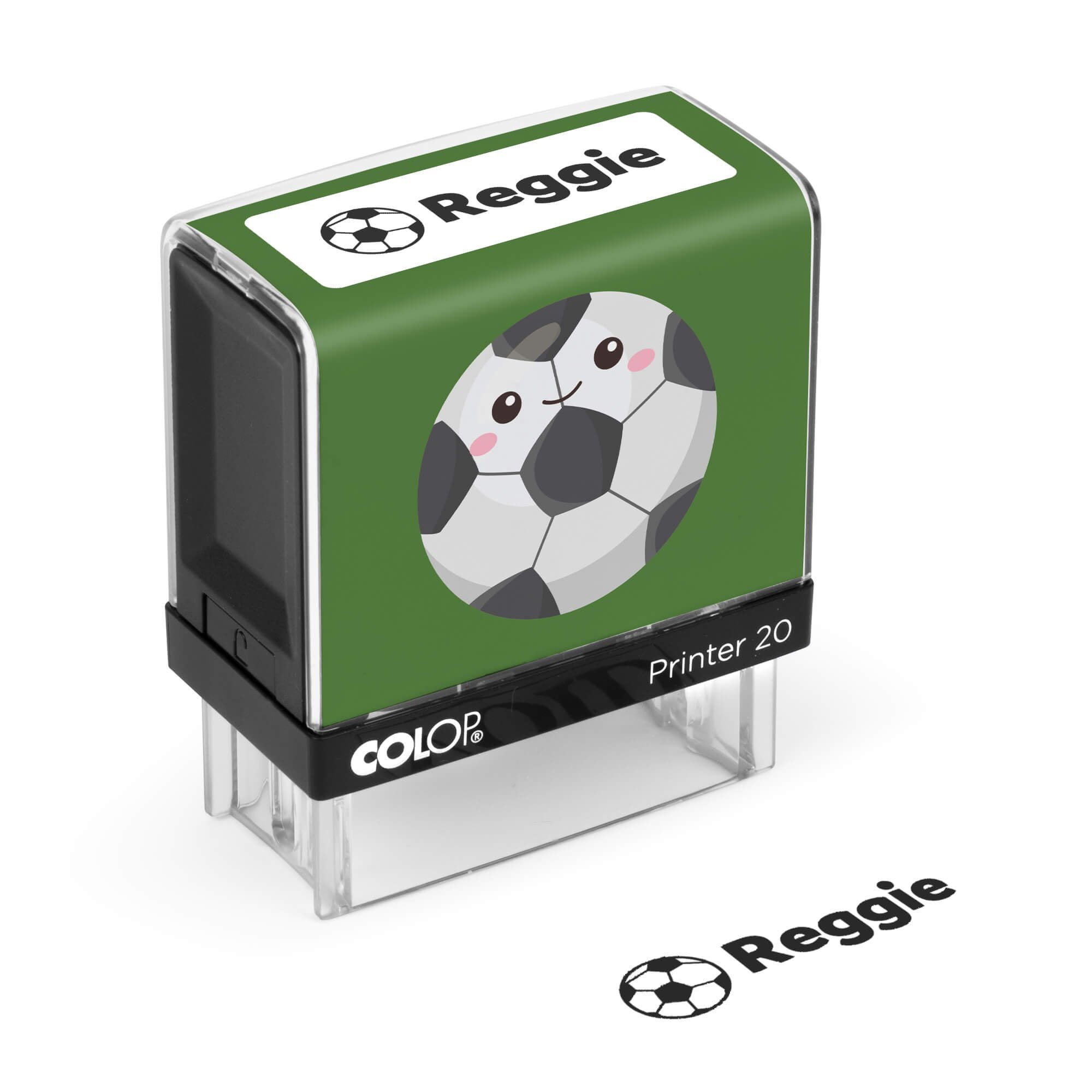 Green soccer clothing name stamp with a sample Reggie impression on a white background