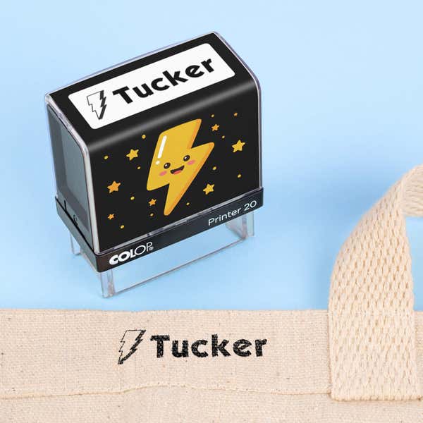 Thunder bolt clothing name stamp beside a canvas tote bag labeled Tucker