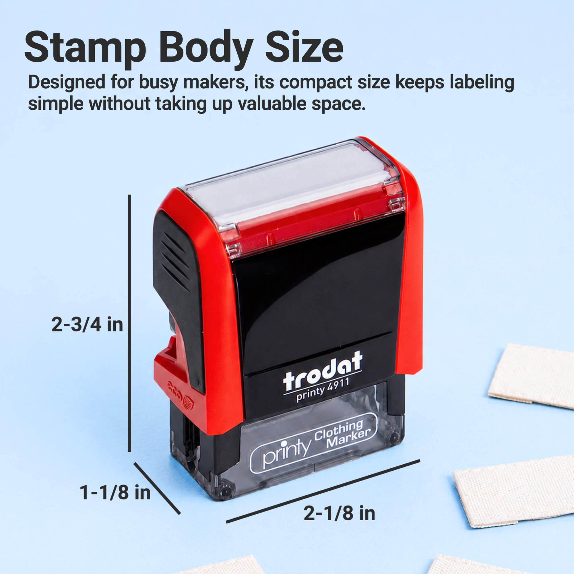Infographic of Trodat 4911 Clothing Stamp with Exact Size Dimensions