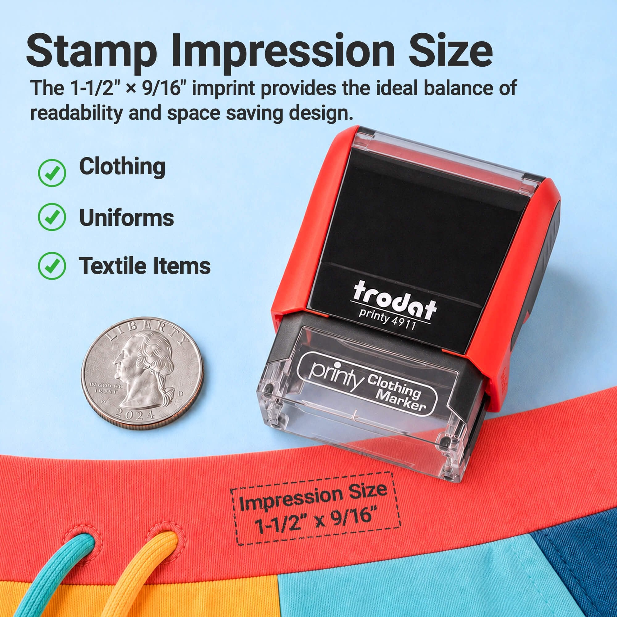 Example showing the size of the Fun Clothing Stamp using the 4911 Trodat Printy Stamp Body next to a quarter