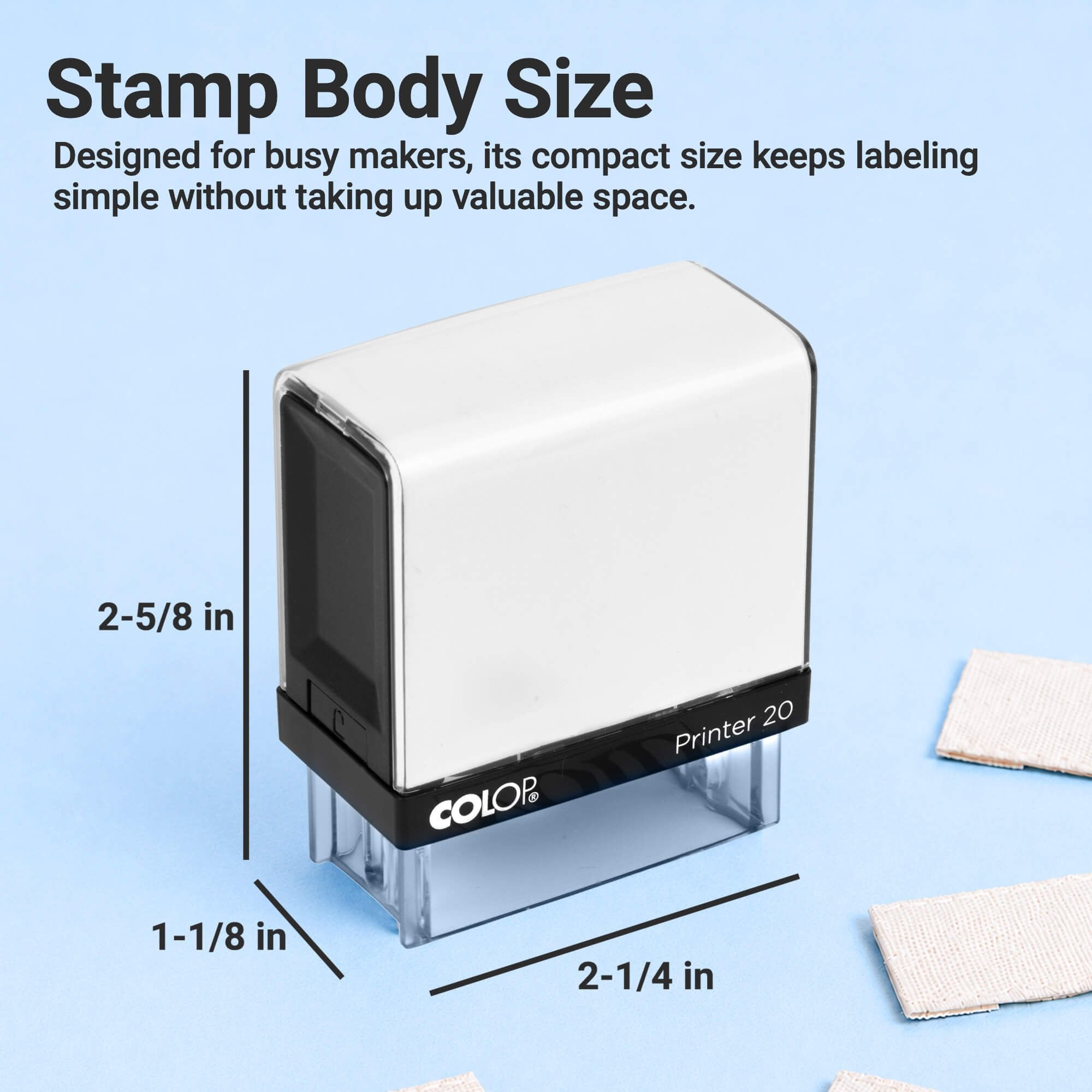 Clothing stamp body size infographic showing dimensions of 2 5/8 by 2 1/4 by 1 1/8 inches