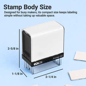 Clothing stamp body size infographic showing dimensions of 2 5/8 by 2 1/4 by 1 1/8 inches