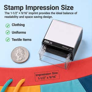 Clothing stamp impression size infographic showing a 1 1/2 by 9/16 inch imprint for clothing, uniforms and textiles