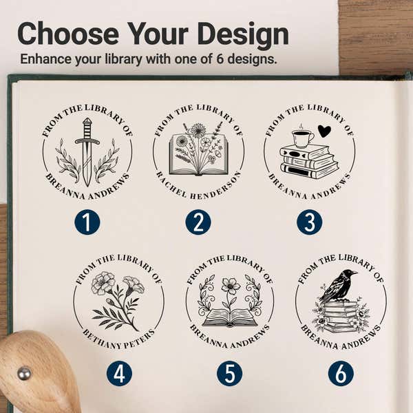 Custom Round Wood Handle Book Stamp - Choose From 6 Designs!