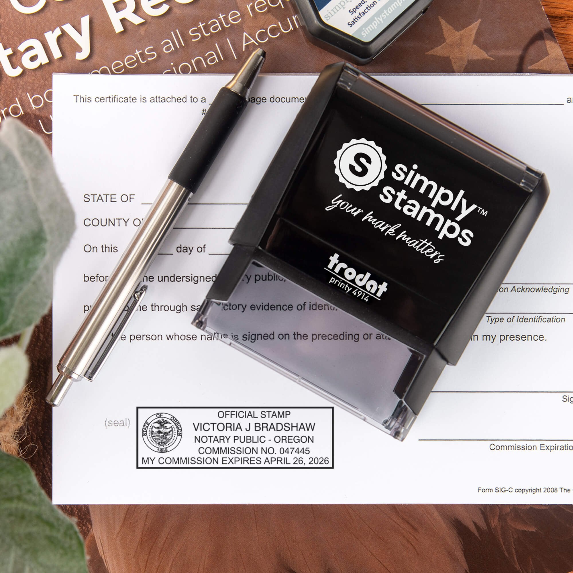 Oregon Notary stamp impression and self inking stamp